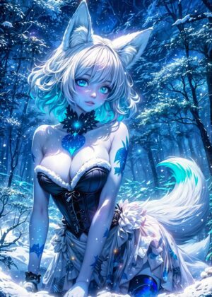 Anime Fox Girl Winter Wonderland Art Print - Premium Wooden Framed Poster. Ready to Hang.