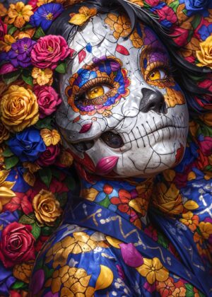 Vibrant Sugar Skull Woman Art Print - Premium Wooden Framed Poster. Ready to Hang.