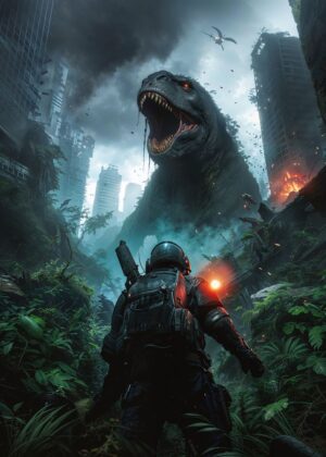 Dinosaur City Attack: A Post-Apocalyptic Digital Painting - Premium Wooden Framed Poster. Ready to Hang.