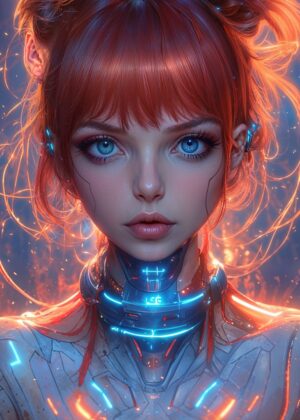 Cyberpunk Girl: Digital Art Print - Premium Wooden Framed Poster. Ready to Hang.