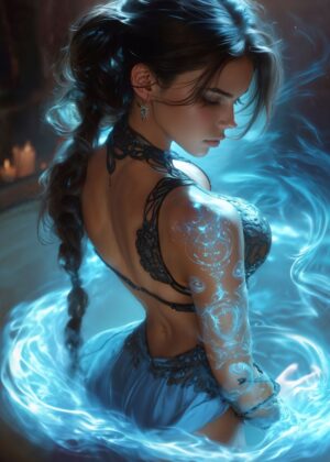 Mystical Woman with Blue Aura: Enchanting Fantasy Art - Premium Wooden Framed Poster. Ready to Hang.