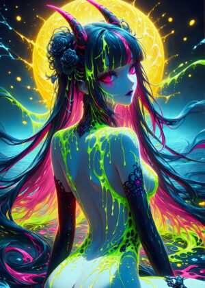 Neon Demon Girl: A Vibrant Digital Art Print - Premium Wooden Framed Poster. Ready to Hang.
