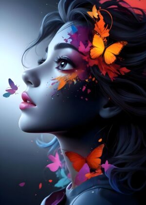 Dreamlike Woman with Vibrant Butterflies - Premium Wooden Framed Poster. Ready to Hang.