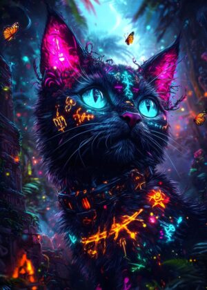 Neon Cat in Enchanted Forest: Digital Art Print - Premium Wooden Framed Poster. Ready to Hang.
