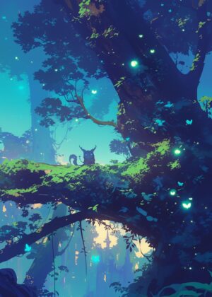 Enchanted Forest Night: Mystical Creatures and Glowing Flora - Premium Wooden Framed Poster. Ready to Hang.