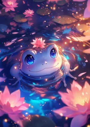 Adorable Frog in a Magical Lotus Pond - Premium Wooden Framed Poster. Ready to Hang.