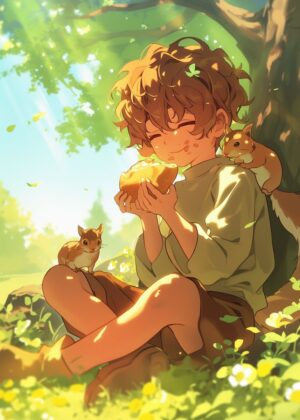 Boy and Squirrels Sharing a Meal in Sunny Meadow - Premium Wooden Framed Poster. Ready to Hang.