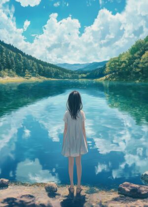 Serene Lakeside Solitude: A Girl's Peaceful Contemplation - Premium Wooden Framed Poster. Ready to Hang.
