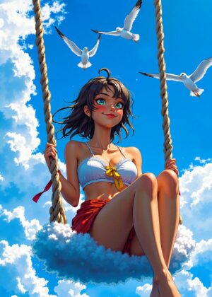 Anime Girl on Cloud Swing: Summer Dreams - Premium Wooden Framed Poster. Ready to Hang.