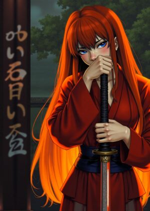 Fiery Redhead Samurai: Digital Art Print - Premium Wooden Framed Poster. Ready to Hang.