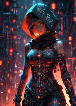 Cyberpunk Female Warrior: Digital Art Print - Premium Wooden Framed Poster. Ready to Hang.