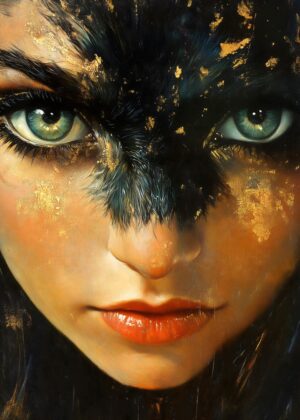 Enigmatic Woman with Feather Mask: A Mystical Portrait - Premium Wooden Framed Poster. Ready to Hang.