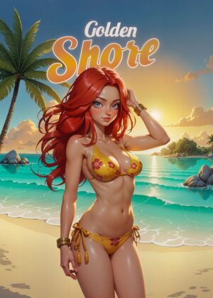 Golden Shore: A Tropical Paradise Artwork - Premium Wooden Framed Poster. Ready to Hang.
