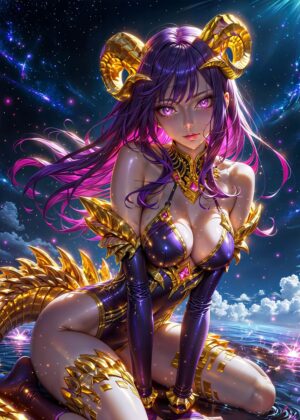 Purple Anime Princess: Celestial Beauty Art Print - Premium Wooden Framed Poster. Ready to Hang.
