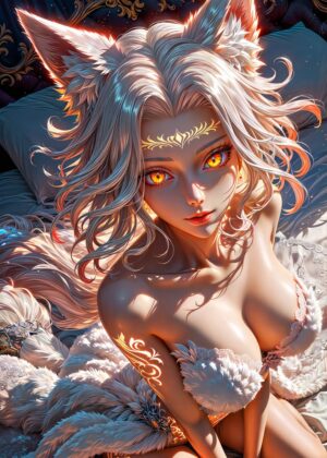 Radiant White Fox Spirit: Anime Art Print - Premium Wooden Framed Poster. Ready to Hang.