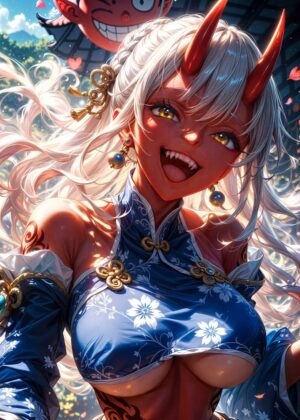 Smiling Oni Anime Girl: Vibrant Digital Art Print - Premium Wooden Framed Poster. Ready to Hang.
