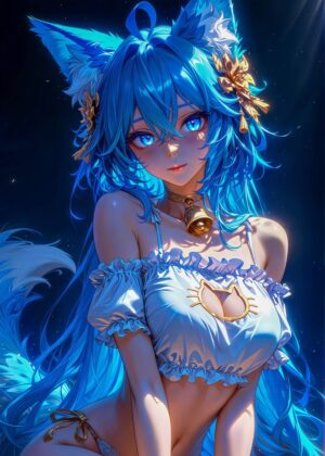 Blue Foxy Anime Girl Art Print - Premium Wooden Framed Poster. Ready to Hang.