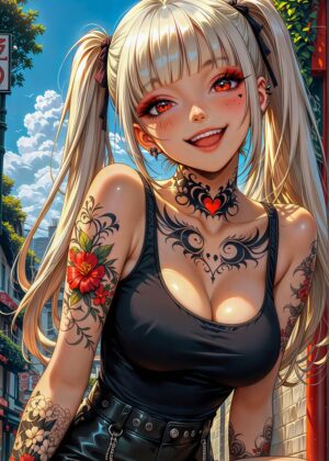 Tattooed Anime Girl Art Print - Premium Wooden Framed Poster. Ready to Hang.