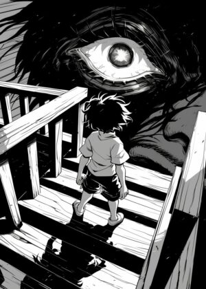 Boy Facing Giant Eye: A Black and White Masterpiece - Premium Wooden Framed Poster. Ready to Hang.