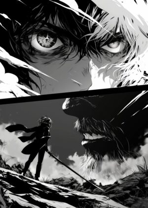 Anime Sword Fight: Epic Showdown Artwork - Premium Wooden Framed Poster. Ready to Hang.