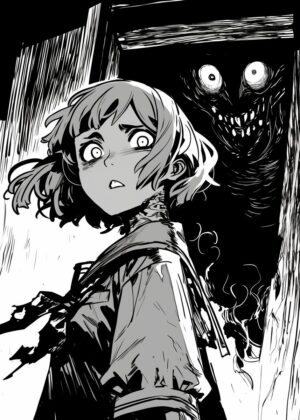 Anime Horror Illustration: Terrified Girl and Shadowy Creature - Premium Wooden Framed Poster. Ready to Hang.