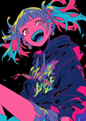 Neon Anime Girl Art Print - Premium Wooden Framed Poster. Ready to Hang.