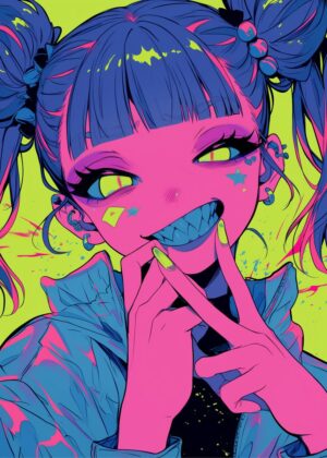 Neon Anime Girl Art Print - Premium Wooden Framed Poster. Ready to Hang.