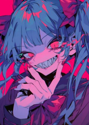 Anime Girl with Sharp Teeth: Dark Fantasy Art Print - Premium Wooden Framed Poster. Ready to Hang.