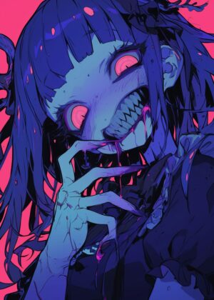 Creepy Kawaii Anime Girl Art Print - Premium Wooden Framed Poster. Ready to Hang.