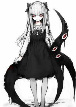 Dark Anime Girl with Tentacles: Gothic Art Print - Premium Wooden Framed Poster. Ready to Hang.