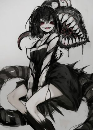 Dark Anime Girl and Monster Art Print - Premium Wooden Framed Poster. Ready to Hang.