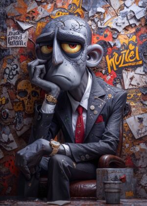 Melancholy Maestro: A Figurative Art Print - Premium Wooden Framed Poster. Ready to Hang.