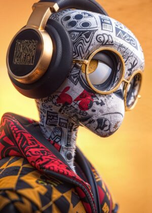 Graffiti Robot Headphones: Urban Art Meets Music - Premium Wooden Framed Poster. Ready to Hang.