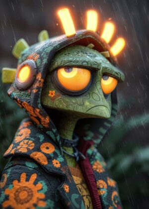 Sad Alien in the Rain: Digital Art Print - Premium Wooden Framed Poster. Ready to Hang.