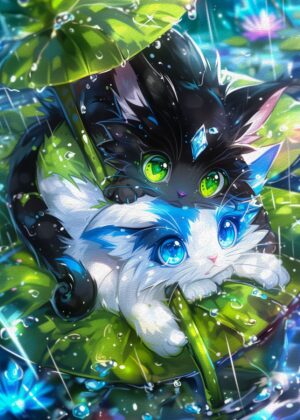 Adorable Kittens Under a Rainy Lily Pad - Premium Wooden Framed Poster. Ready to Hang.