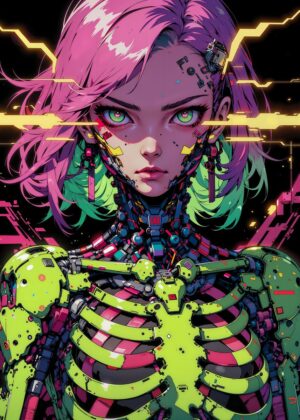 Cyberpunk Girl: Neon Dreams - Premium Wooden Framed Poster. Ready to Hang.