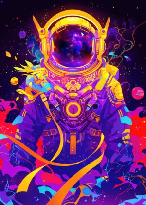 Cosmic Voyager: Vibrant Astronaut Artwork - Premium Wooden Framed Poster. Ready to Hang.