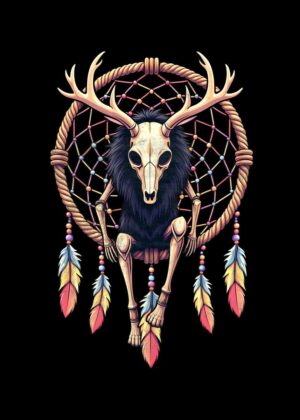 Skeleton Deer Dreamcatcher Art Print - Premium Wooden Framed Poster. Ready to Hang.