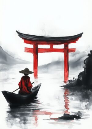 Japanese Watercolor Ronin: Serenity on the Water - Premium Wooden Framed Poster. Ready to Hang.