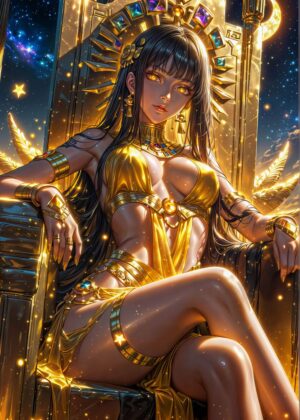 Golden Goddess Throne: Fantasy Art Print - Premium Wooden Framed Poster. Ready to Hang.