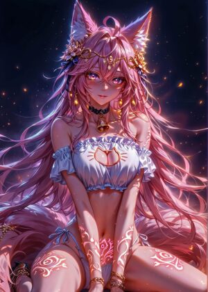 Pink Anime Fox Girl Art Print - Premium Wooden Framed Poster. Ready to Hang.