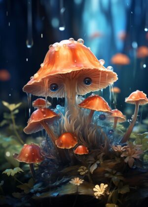 Enchanted Forest Mushrooms: A Whimsical Rain Scene - Premium Wooden Framed Poster. Ready to Hang.