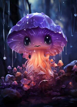 Cute Mushroom in the Rain: Fantasy Art Print - Premium Wooden Framed Poster. Ready to Hang.