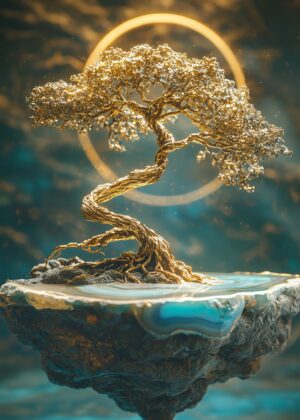 Golden Bonsai: Serenity and Strength - Premium Wooden Framed Poster. Ready to Hang.