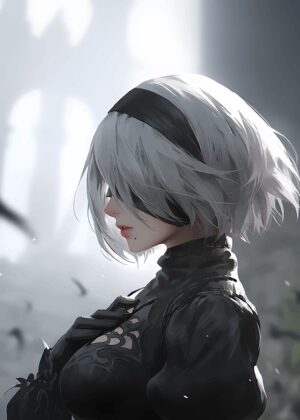 2B Anime Character Art: Elegant and Mysterious - Premium Wooden Framed Poster. Ready to Hang.