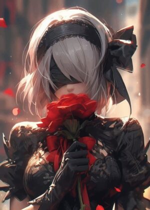 2B and the Crimson Rose: A Digital Art Print - Premium Wooden Framed Poster. Ready to Hang.
