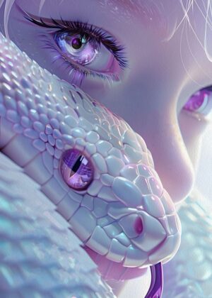 Mystical Enchantment: White Serpent and Fair Maiden - Premium Wooden Framed Poster. Ready to Hang.