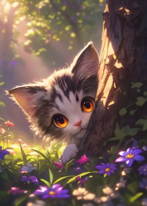 Adorable Anime Kitten in a Wildflower Meadow - Premium Wooden Framed Poster. Ready to Hang.