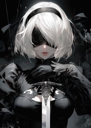 2B Anime: Elegant Warrior in the Rain - Premium Wooden Framed Poster. Ready to Hang.