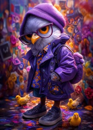 Stylish Owl in Purple: Digital Art Print - Premium Wooden Framed Poster. Ready to Hang.